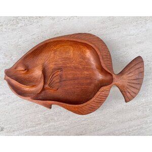 Hand Carved Teakwood Fish Serving Dish Trinket Bowl Beach Chic Ocean Decor Gift